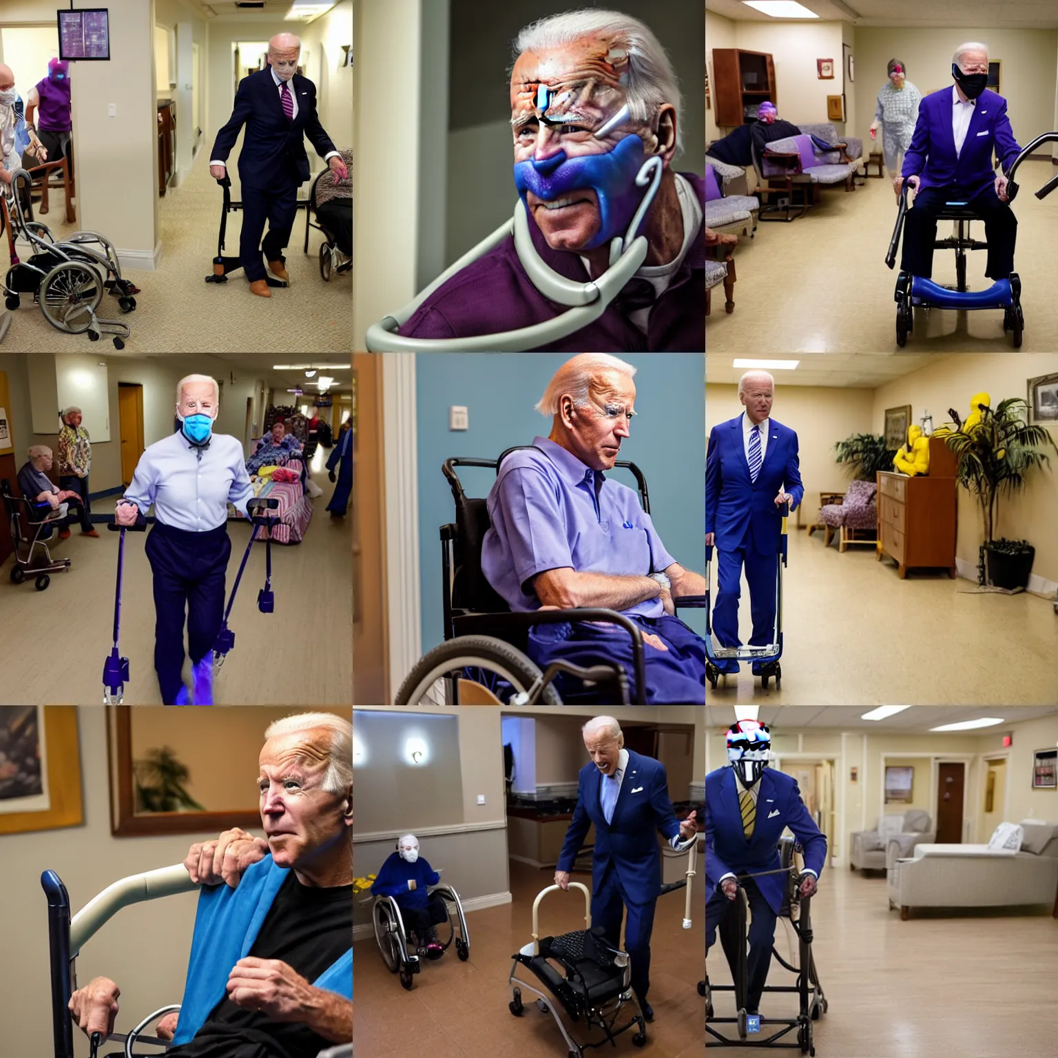Prompt: Joe Biden in a nursing home using a walker, but dressed as Thanos from The Avengers movie, 8k