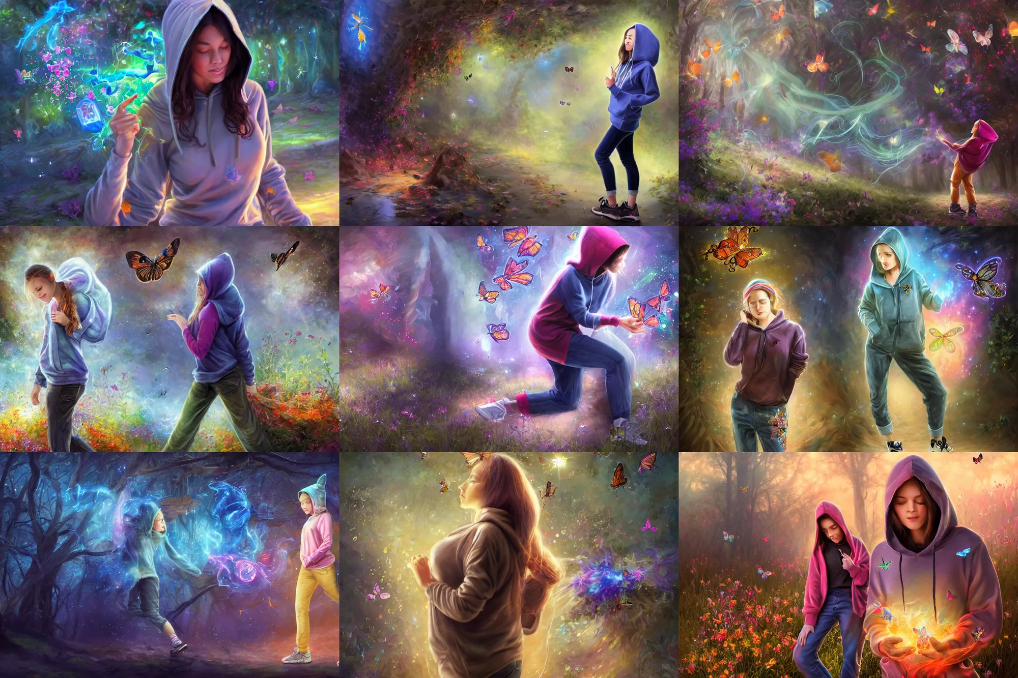 Prompt: distant full long wide view shot. gamer woman in a hoodie, jean pants, sneakers, enchanting an illusory spell. butterflies, flowers, fireflies, spirits, digital painting, detailed, colorful aura, 8 k, trending on artstation, smooth, sharp focus artwork by mark arian, artgerm, mark keathley, greg rutkowski