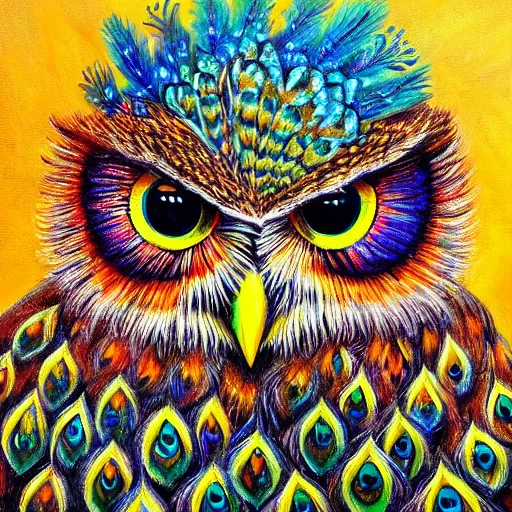 Prompt: beautiful owl with peacock feathers detailed painting in the style of josephine wall 4 k