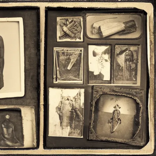 Image similar to Tintype photograph of primitive objects displayed in an ethnographic museum, archive material, anthropology, 1920s studio lighting.