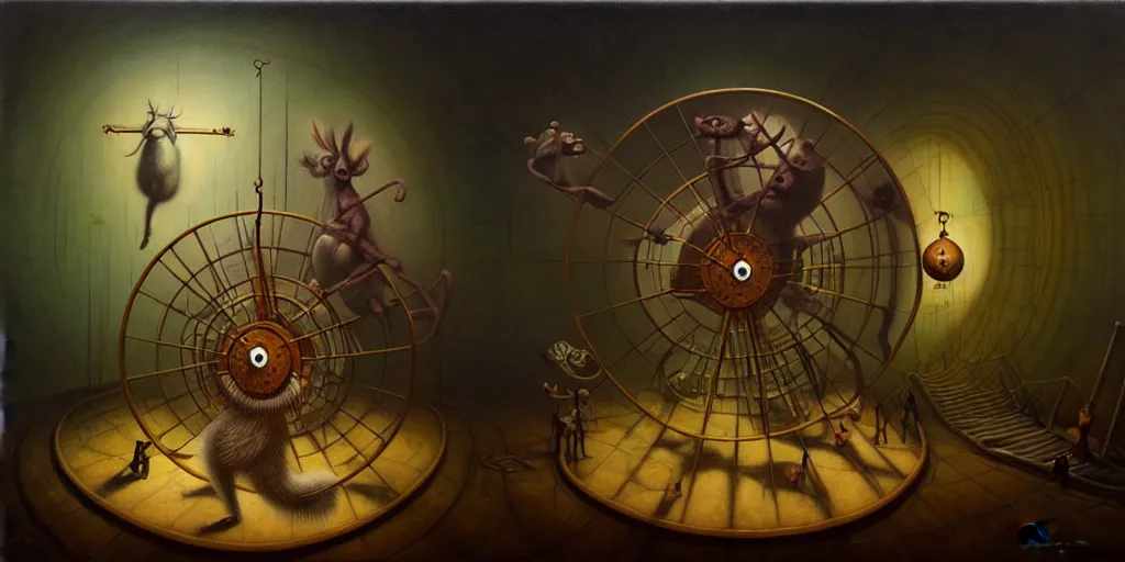 Image similar to trapped on the hedonic treadmill like a hamster on a wheel, ixion's wheel, uncanny, dark surreal oil painting by ronny khalil, shaun tan, and leonora carrington