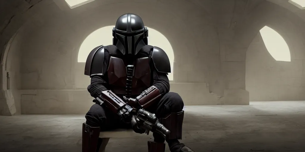 Image similar to large room, atmospheric, single deathwatch mandalorian sitting in thinking pose, cinematic, 4 k