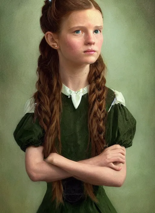 Image similar to a portrait of tiffany aching, an eleven year old girl with brown hair in a ponytail. she is wearing a simple light green dress with an apron and a black pointed witch hat. beautiful painting with highly detailed face by greg rutkowski and magali villanueve