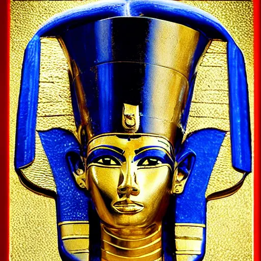 Image similar to a pharaoh with the face of donald trump, majestic, blue, red, powerful