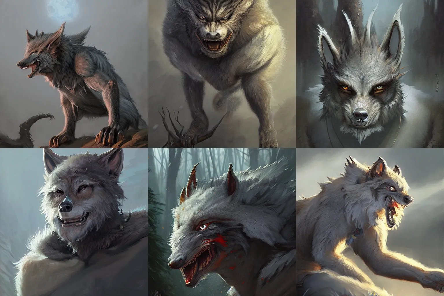 Prompt: very detailed painting of an Asian Tribal Werewolf with light grey fur, featured in artstation, concept art by Greg Rutkowski, WLOP, Dan Mumford, Christophe Vacher