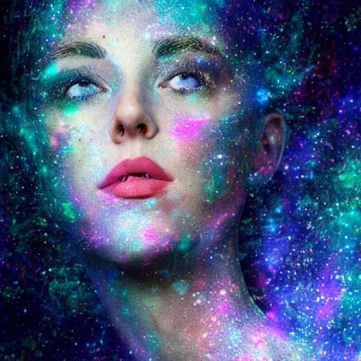 Image similar to woman portrait made out of galaxies floating in space, saturn, highly detailed, beautiful, realistic, tim burton comic book art, octane render, sharp focus