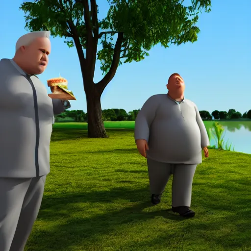 Prompt: a slightly overweight male pastor, walking by a pond, eating a sandwich, 3d render, cinematic shot, hyper realistic