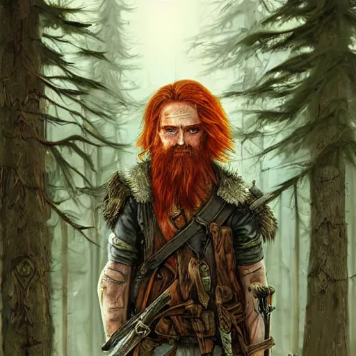 Prompt: grungy post apocalyptic redheaded swordsman with scruffy beard standing in a cedar forest, fantasy painting elegant intricate high detail digital painting artst