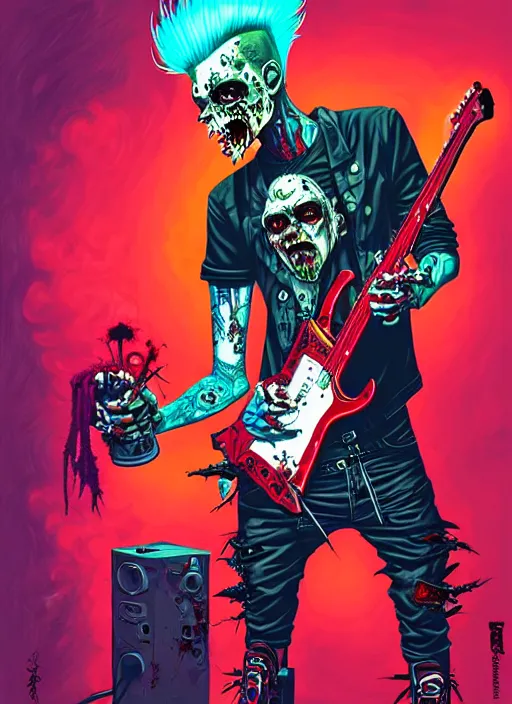 Image similar to a zombie punk rocker with a mohawk playing electric guitar, matty vogel, tristan eaton, victo ngai, artgerm, rhads, ross draws