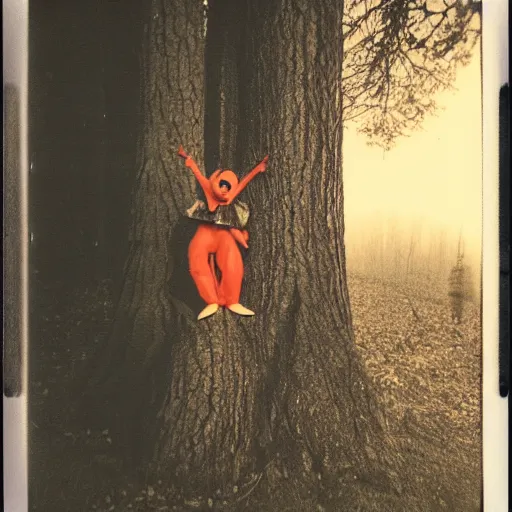 Image similar to eerie polaroid of a creepy clown peaking out from behind a tree in a forest at dusk