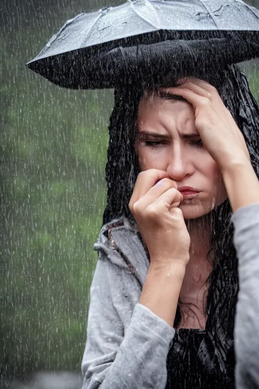 Image similar to sad woman standing in the rain, soaking wet, photo shoot