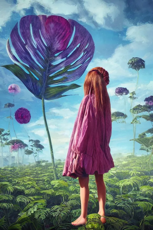 Image similar to closeup, giant flowers head, girl standing between monsteras, surreal photography, wind and cold, dramatic sky, impressionist painting, digital painting, artstation, simon stalenhag