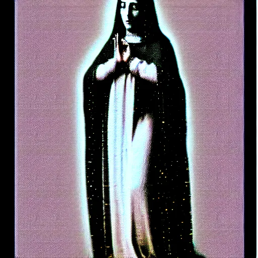 Image similar to vhs static overlay of marian apparition, vhs, 1 9 9 0, beautiful, highly realistic, highly detailed, vhs noise static, black and white, vhs glitch