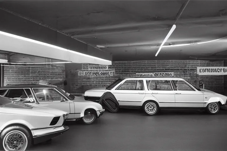 Image similar to BMW wagon estate, inside of an badly lit 1970s dealership, ektachrome photograph, volumetric lighting, f8 aperture, cinematic Eastman 5384 film