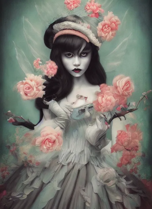 Image similar to pop surrealism, lowbrow art, realistic cute alice babymetal painting, japanese street fashion, hyper realism, muted colours, rococo, natalie shau, loreta lux, tom bagshaw, mark ryden, trevor brown style,