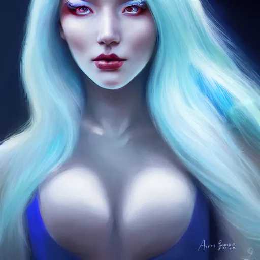 Image similar to perfectly - centered close - up face - portrait of blue - haired goddess with glowing - red - eyes, the perfect human female specimen, intricate, elegant, super highly detailed, professional digital painting, artstation, concept art, smooth, sharp focus, no blur, no dof, extreme illustration, unreal engine 5, 8 k, by anne stokes