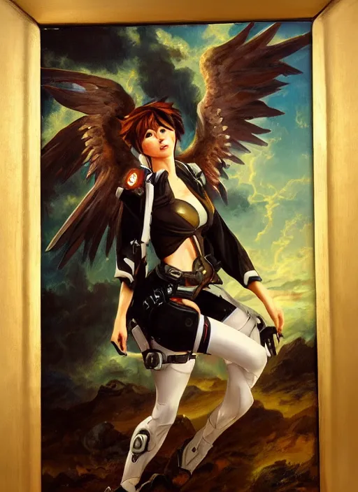 Image similar to oil painting of tracer overwatch in the style of sophie anderson, on knees, angel wings, black outfit,