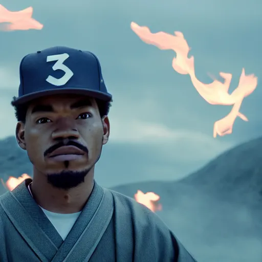 Image similar to cinematic film still of Chance The Rapper starring as a Samurai holding fire, Japanese CGI, VFX, 2022, 40mm lens, shallow depth of field, film photography