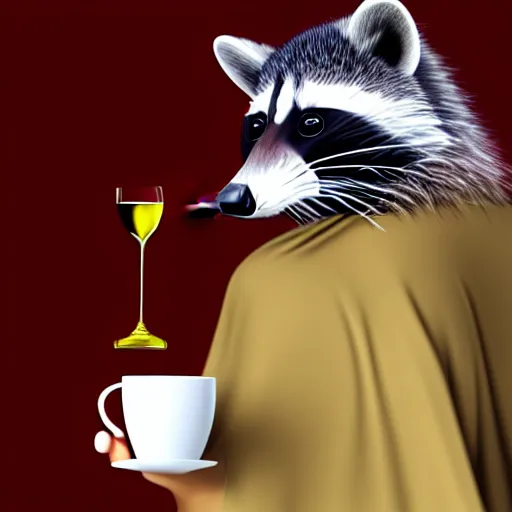 Image similar to a photorealistic racoon wearing an elegant night gown holding a cup of wine