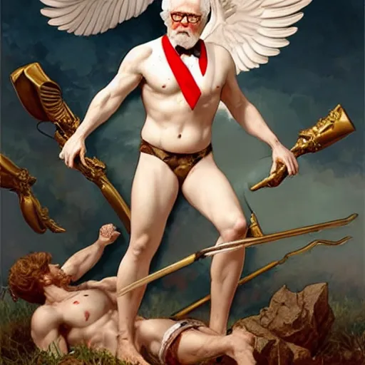 Image similar to a full body portrait of colonel sanders the greek god!! in hell!!! fighting rednecks!!! extremely beautiful, anatomically accurate, by artgerm and by greg rutkowski and by alphonse mucha and by simon bisley, radiant light, detailed and intricate environment,