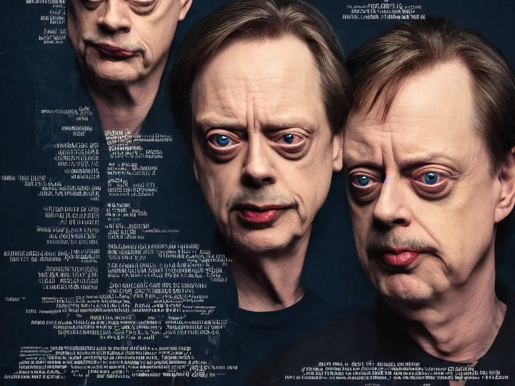 Prompt: the wisdom of steve buscemi, a new movie poster, produced by steve buscemi, perfect studio light and composition, unsimulated real emotions, writed and directed by steve buscemi, dark atmosphere, depressive colours, only one stiv buscemi on the poster please, thank you in advance