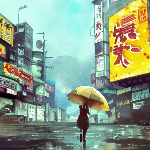 Image similar to incredible wide screenshot, ultrawide, simple watercolor, rough paper texture, ghost in the shell movie scene, backlit distant shot of girl in a parka running from a giant robot invasion side view, yellow parasol in deserted dusty shinjuku junk town, broken vending machines, bold graphic graffiti, old pawn shop, bright sun bleached ground, mud, fog, dust, windy, scary robot monster lurks in the background, ghost mask, teeth, animatronic, black smoke, pale beige sky, junk tv, texture, brown mud, dust, tangled overhead wires, telephone pole, dusty, dry, pencil marks, genius party,shinjuku, koji morimoto, katsuya terada, masamune shirow, tatsuyuki tanaka hd, 4k, remaster, dynamic camera angle, deep 3 point perspective, fish eye, dynamic scene