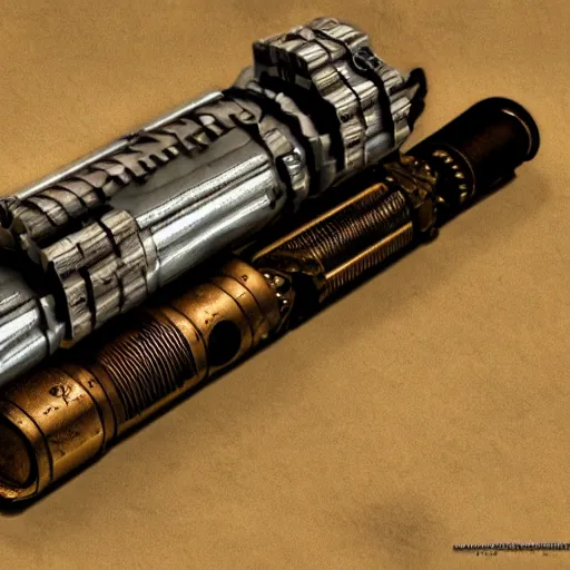 Image similar to steampunk lightsaber, 35mm, highly detailed, trending on artstation