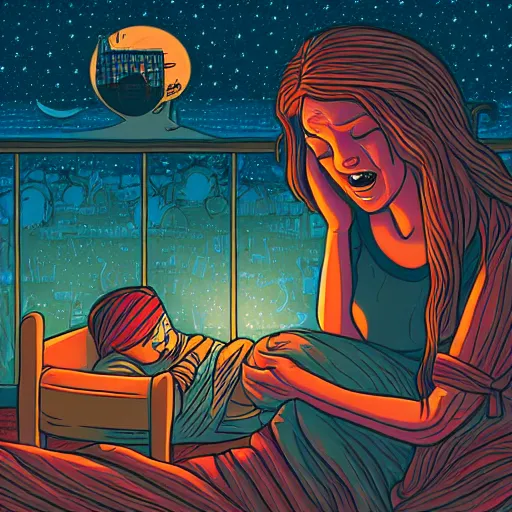 Prompt: a mother singing lullabies to a little cute sleepy girl by Dan Mumford