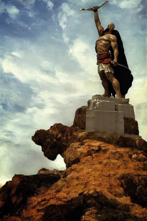 Image similar to kratos fighting against cristo redentor statue, 8 k, hdr, great light, gustave courbet, annie leibowitz