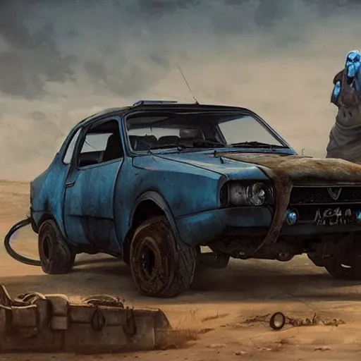 Image similar to a Dacia 1310 car in Mad Max, coriolios rpg art style, full of details, dark sci-fi, cold blue colors, matte painting, artstation, 8k, hyperrealistic, style of peter mohrbacher