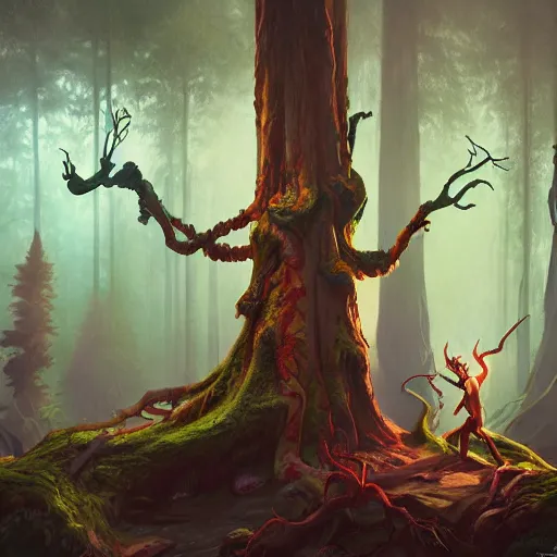 Image similar to detailed painting of menacing dryads in a redwood forest, in the style of peter mohrbacher, james jean, artgerm, dramatic lighting and composition, surreal background, octane render, pixar, trending on artstation, concept art, comic book, 8 k