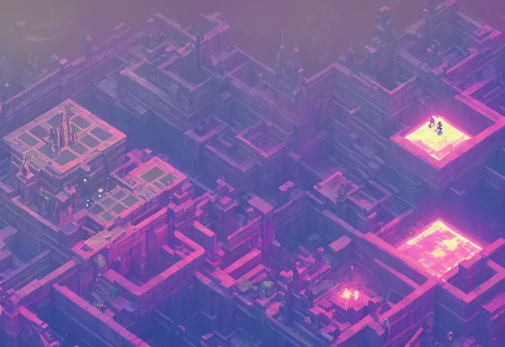 Image similar to isometric pixel art bloodborne no mans sky, vaporwave, cinematic lighting, 4 k