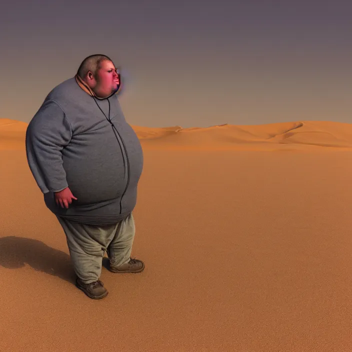 Image similar to hyperrealistic mixed media portrait of a moridly obese man using an ATM machine in the middle of a barren desert wasteland, despair, depressing and hopeless vibe, stunning 3d render inspired art by P. Craig Russell and Barry Windsor-Smith + perfect facial symmetry + dim volumetric lighting, 8k octane beautifully detailed render, post-processing, extremely hyperdetailed, epic composition, grim yet sparkling atmosphere, cinematic lighting + masterpiece, trending on artstation