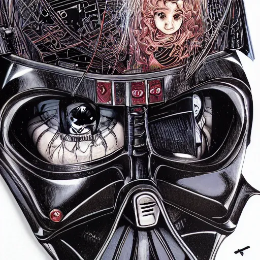 Prompt: portrait closeup of crazy darth vader, symmetrical, hyper detailed, by yoichi hatakenaka, masamune shirow, josan gonzales and dan mumford, ayami kojima, takato yamamoto, barclay shaw, karol bak, yukito kishiro