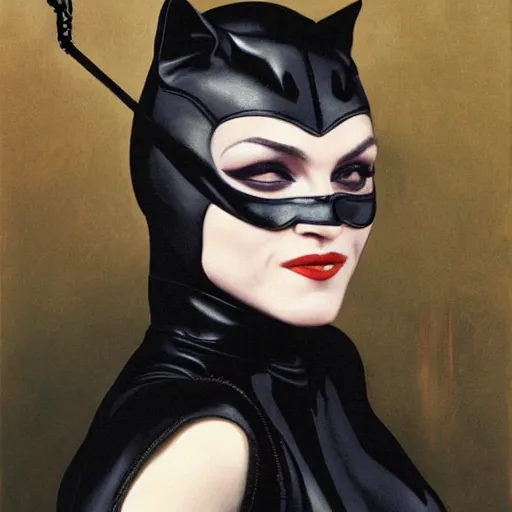 Image similar to Painting of Madonna as Catwoman from Batman Returns. Art by william adolphe bouguereau. Extremely detailed. Beautiful. 4K. Award winning.