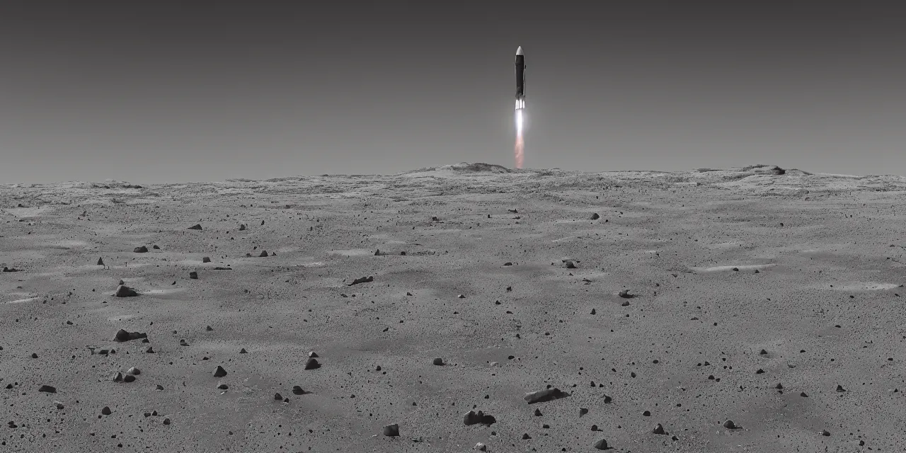 Image similar to black and white photo of a rocket landing on bright mars, black background, cinematic film still, high contrast, astrophotography, 4 k, hard lighting, cgi, octante render,