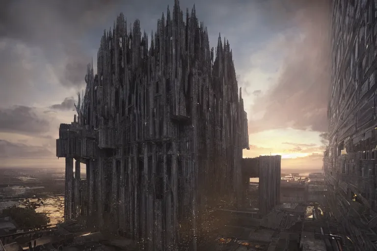 Image similar to an enormous, extremely detailed cathedral of brutalist architecture, covered with greebles, stunning volumetric light, sunset, metal, concrete and translucent material, stunning skies, majestic landscape, trending on Artstation, 8k, photorealistic, hyper detailed, unreal engine 5, IMAX quality, cinematic, epic lighting, in the style of Greg Rutkowski