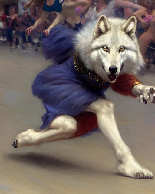 Image similar to white female anthro wolf skating at a roller derby, 4 k, furaffinity, trending on artstation, energetic, speed, motion blur, by gaston bussiere, sakimichan, j. c. leyendecker, gustav klimt, artgerm, greg rutkowski, alphonse mucha