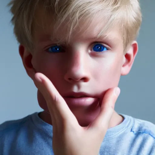 Image similar to portrait of a boy with his hand on his face, extremely realistic and real, photorealistic, blonde hair and blue eyes, detailed facial structure, real eyes that are detailed