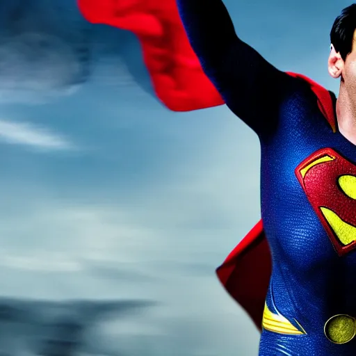 Image similar to lionel messi as superman in man of steel, 8 k resolution, cinematic lighting, anatomically correct