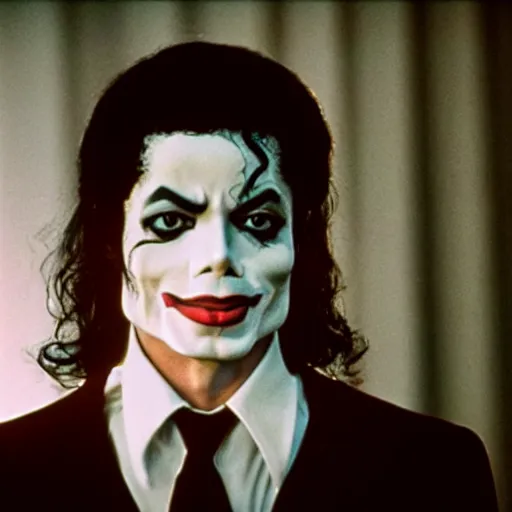 Image similar to a film still of Michael Jackson starring as The Joker, 40mm lens, shallow depth of field, split lighting, cinematic