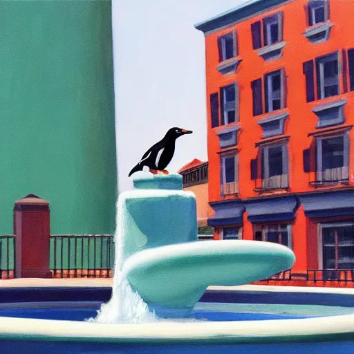 Image similar to a fine art painting of the penguin from planet coaster in a water fountain in the style of edward hopper and wes anderson.