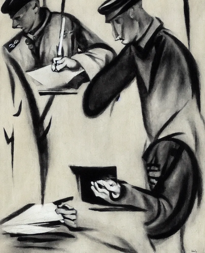 Prompt: a beautiful painting of a soldier's hand writing a letter to home with wwii in background, black and white, painted by laszlo moholy - nagy