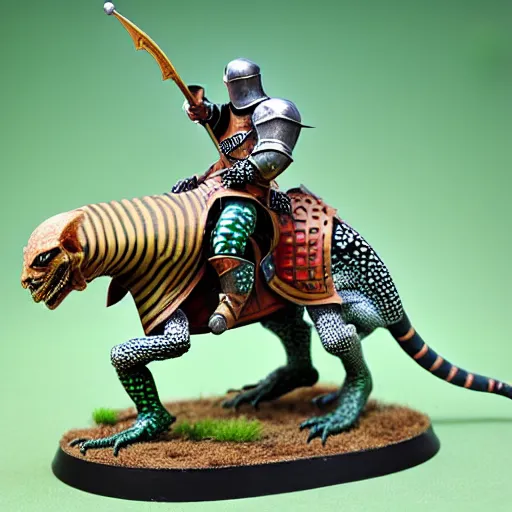 Image similar to A medieval knight riding on a giant leopard gecko, highly detailed, painted wargaming miniature