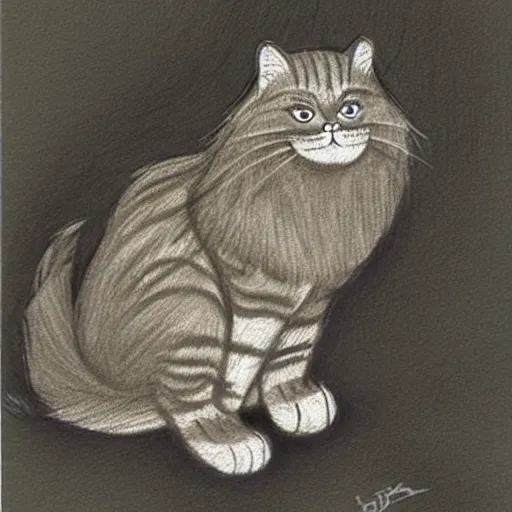 Prompt: extra fluffy Persian tabby cartoon cat standing on two feet, drawing by Don Bluth, pencil sketch with feathery lines