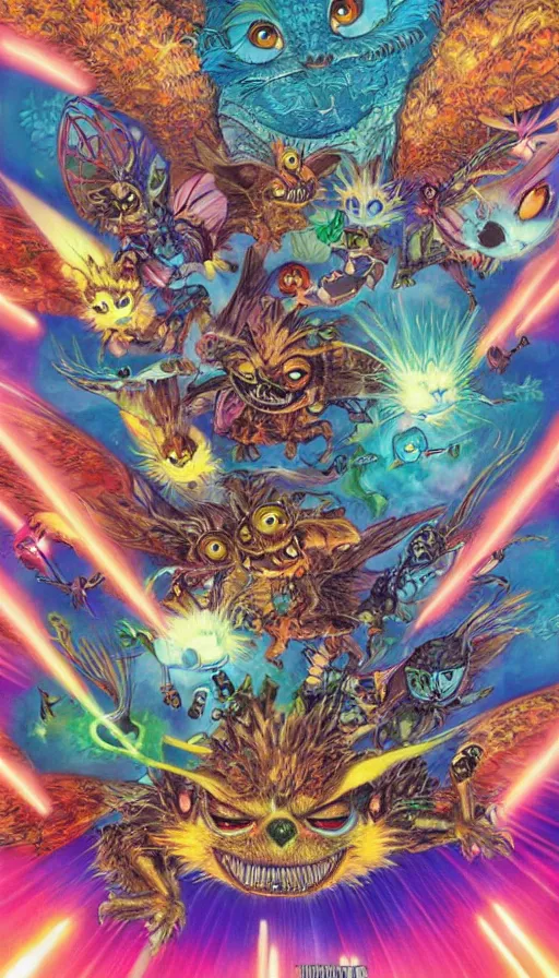 Image similar to gremlins vs mothra vs stephen hawkin art by Noriyoshi Ohrai and Lisa Frank