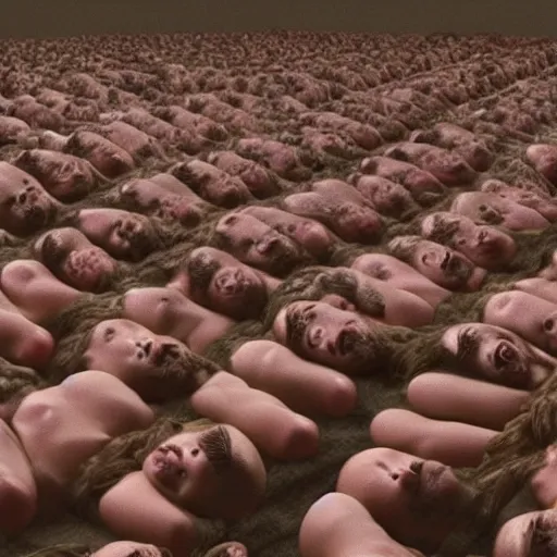 Prompt: a giant faceless head sprouting dozens of human bodies extending their limbs out in horror very cinematic hyperreal body horror grotesque gross weird