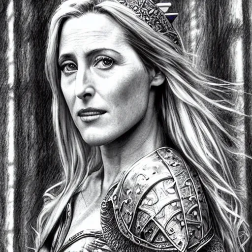 Image similar to hyper realistic pencil drawing of Gillian Anderson as a viking princess, intricate detail, beautiful, battle armor, war, fight, light, dragon, bright color palette