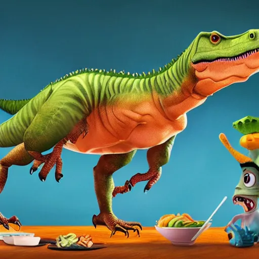 Prompt: a wonton rapper raptor, food dinosaur, dinosaur made of food, painting by pixar, dreamworks, cg, cartoon character