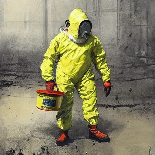 Prompt: a painting of a man in a yellow bio hazard suit holding a bucket and looking at gigantic spider, poster art by jakub rozalski, trending on artstation, nuclear art, apocalypse art, dystopian art, poster art